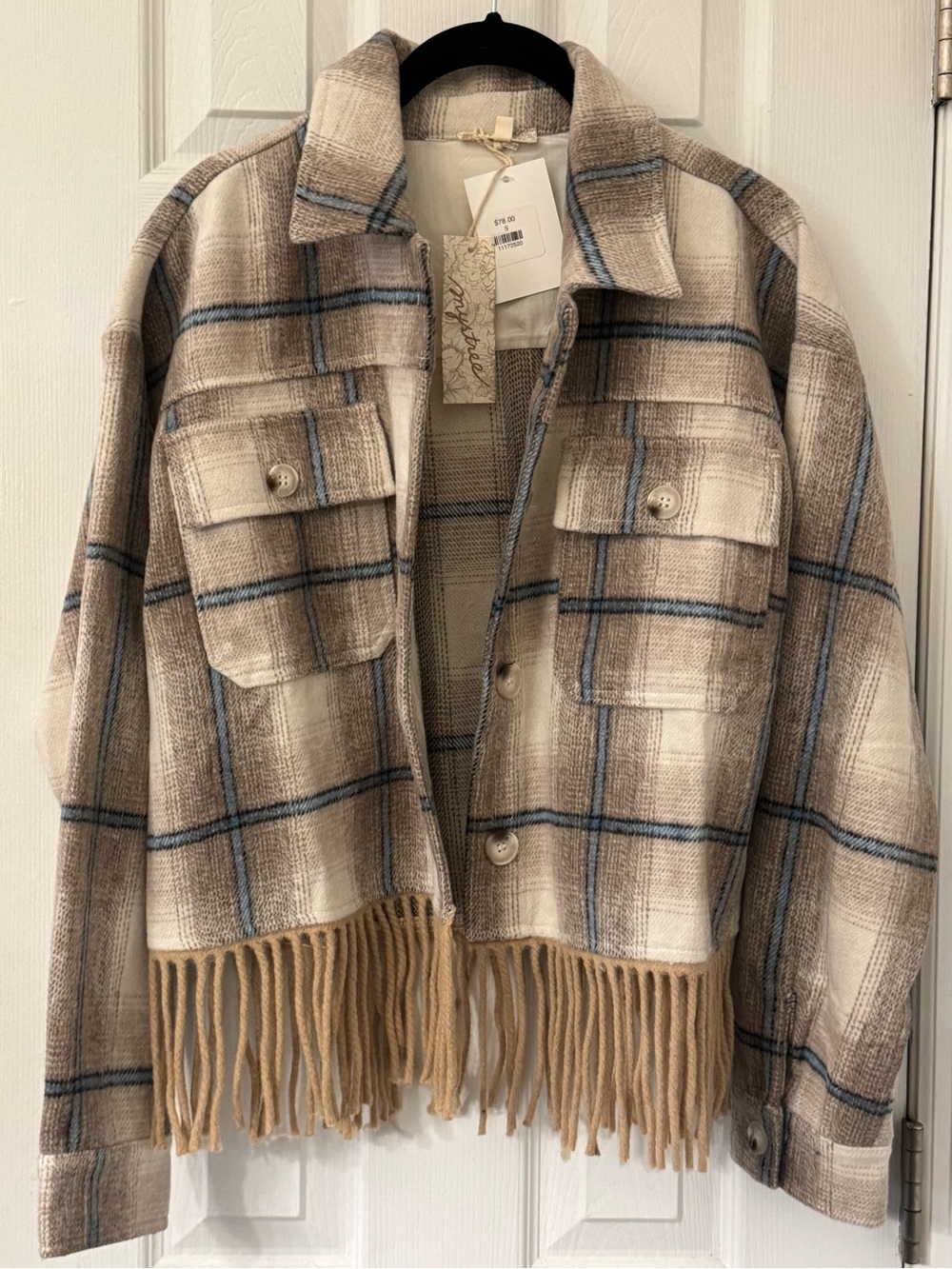 Mystree Beige Plaid Fringe Utility Jacket with Blue Trim